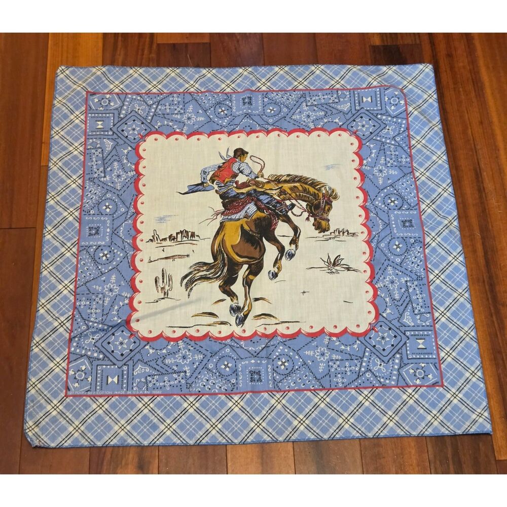 Vintage Blue Bandana Scarf Western Rodeo Ranch USA Horse Paisley